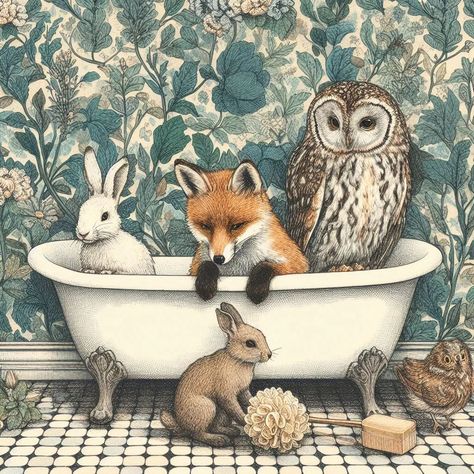 Animals in Bath - Wall Art - Link I'm bio #animalart #artwork #artistsoninstagram #animalartist #animal #digitalart #wildlifeart #animals #painting #animaldrawing #artoftheday #petportrait #wildlife #watercolor #instaart #animalillustration #nature #animalartwork #animalpainting #foxart #animallovers #bathanimals #animalbath #owlart #cloakroom #wallart #hallwaydecor #cloakroomdecor #whimsy Maximalist Bathroom, Wildlife Watercolor, Animal Bathroom, Autumn Wall Art, Animals Painting, Owl Wallpaper, Vintage Autumn, Art Whimsical, Fall Wall Art