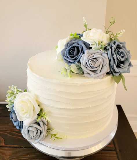 Dusty Blue Simple Wedding Cake, Small Wedding Cakes Dusty Blue, Dusty Blue Flower Wedding Cake, Wedding Cake Light Blue, Pale Blue Wedding Cake, 2 Tier Wedding Cake Blue And White, Wedding Cake Light Blue Flowers, Light Blue Wedding Cake, One Tier Cake