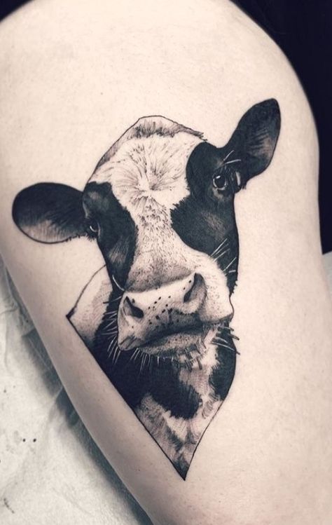 Cow Leg Tattoo, Cow Head Tattoo Woman, Cow Tattoo Ideas For Women, Cow Portrait Tattoo, Black And White Cow Tattoo, Cows Tattoo Ideas, Dairy Cow Tattoo Ideas, Holstein Cow Tattoo, Cow Tattoo Realistic