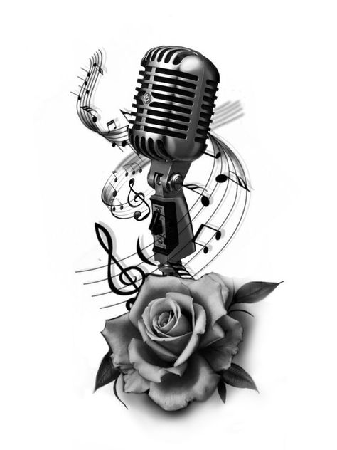 Mic Tattoo Design, Saxophone Tattoo, Mic Tattoo, Lowrider Tattoo, Rockabilly Tattoos, Microphone Tattoo, Fierce Tattoo, Skateboard Decor, Black Men Tattoos