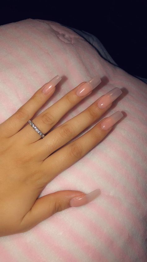 Nails With Clear Acrylic, Long Natural Looking Acrylic Nails, Long Clear Acrylic Nails Square, Clear Tips Nails, Nude Square Nails Long, Clear Tips Acrylic Nails, Ombre Clear Nails, Acrylic Natural Looking Nails, Clear Nude Acrylic Nails