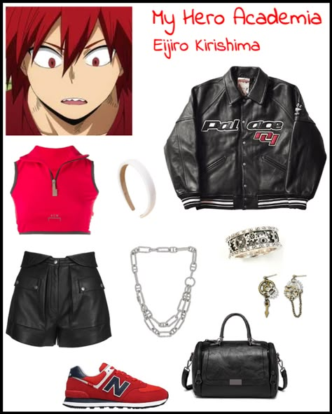 Get ready to unleash your unbreakable spirit with Eijiro Kirishima's streetwear inspired outfit. This look features a sleek black leather racer jacket and edgy accessories to elevate your style to the next level. From his unwavering determination to his fierce fighting spirit, channel Eijiro's strength and confidence with this anime inspired look. Join the ranks of the heroes in My Hero Academia with this bold and fearless outfit. Outfits Based On Anime Characters, My Hero Academia Outfits Ideas, My Hero Academia Inspired Outfits, Kirishima Inspired Outfit, Outfits Inspired By Anime Characters, Anime Character Inspired Outfits, Character Inspired Outfits Anime, Mha Inspired Outfits, My Hero Academia Outfits