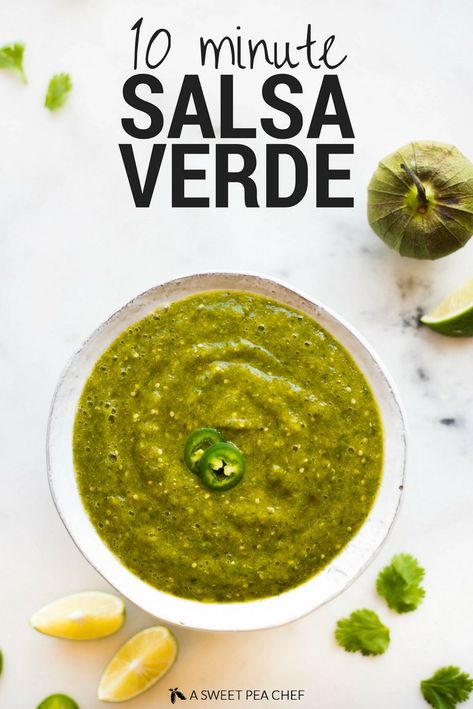 10 Minute Salsa Verde • A Sweet Pea Chef Authentic Salsa Verde Recipe, Best Party Dips, Green Salsa Recipe, Immersion Blender Recipes, Ninja Blender Recipes, Homemade Salsa Verde, Salsa Verde Recipe, Mexican Sauce, Verde Recipe