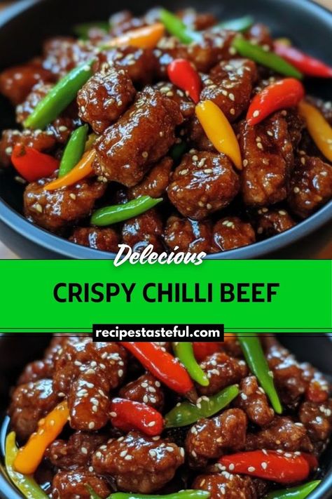 A flavorful dish featuring crispy beef sirloin coated in a tangy and spicy sauce, complemented by sautéed bell peppers and garnished with sesame seeds and green onions. Sirloin Chili, Crispy Chilli Beef, Crispy Beef, Beef Sirloin, Tender Beef, Sirloin Steaks, Sweet Chili Sauce, Spicy Sauce, Hoisin Sauce