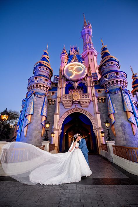 Magic Kingdom Wedding, Wedding Disney, Disney Fairy Tale Weddings, Wedding Painting, Cinderella Wedding, Portrait Pictures, Disney Photos, Disney Castle, Orlando Wedding