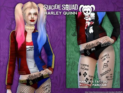 Sims 4 Harley Quinn Cc, Harley Quinn Clothes, Arley Queen, Ripped Stockings, Harley Quinn Tattoo, Sims 4 Tattoos, Sims 4 Black Hair, Female Tattoos, Inspired Tattoos