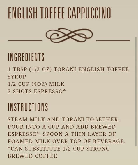 English Toffee Coffee Recipe, Toffee Coffee Recipe, Ninja Coffee Bar Recipes, Espresso Drink Recipes, French Vanilla Cappuccino, French Vanilla Syrup, Homemade Coffee Drinks, Cappuccino Recipe, Coffee Lattes