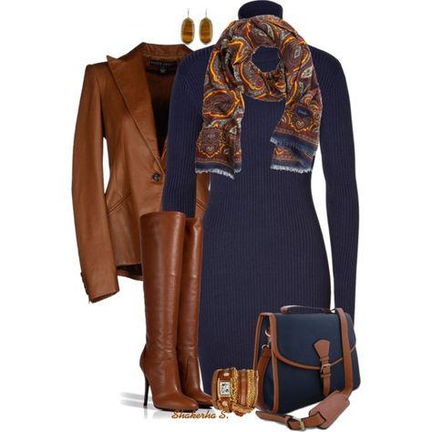 "RL Sweater Dress" by shakerhaallen on Polyvore Mode Over 50, Outfits With Scarves, Cozy Fall Outfits, Full Figure Fashion, Looks Chic, 가을 패션, Work Attire, Work Fashion, Fall Winter Outfits