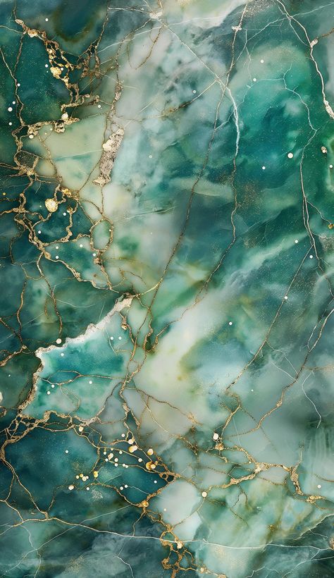 A high-resolution images of marble texture with mostly green and turquoise and small white and intertwined veins of gold. The design should emulate a close-up view of a luxurious marble surface, showcasing the sparkling metallic veins and the depth of the white stone --v 6  --stylize 50 Green Marble Texture, Loft Kitchen, Green And Turquoise, Marble Surface, Colour Inspiration, Stone Texture, Marble Texture, Green Marble, White Stone