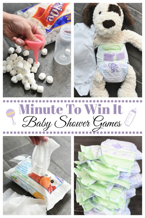 Fun Minute to Win It Baby Shower Party Games-These fun and creative baby shower games will be a huge hit with your guests and they are easy to play! #babyshower #babyshowergames #games #partyideas #minutetowinit Baby Shower Game Gifts, Fiesta Shower, Babyshower Party, Baby Shower Party Games, Boy Baby Shower Ideas, Minute To Win, Creative Baby Shower, Trendy Baby Shower Ideas, Fun Baby Shower Games