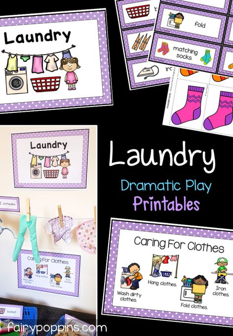 These dramatic play printables are a fun addition to traditional home corner set ups. They include printables to set up a kitchen, nursery, laundry and office. #dramaticplay #pretendplay #roleplay #homecorner #preschool #kindergarten #playprintables Laundry Pretend Play, Family Dramatic Play Preschool, Clothing Dramatic Play Preschool, Dramatic Play Preschool Ideas, Laundry Dramatic Play, Home Dramatic Play, Laundry Printables, Dramatic Play Ideas, Fairy Poppins