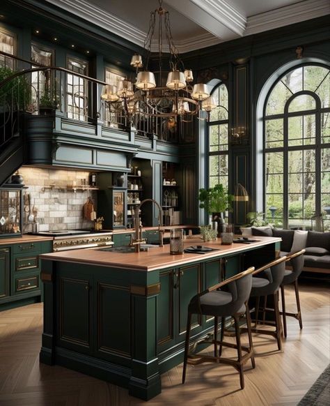 Dark Green Kitchen Ideas, Whimsigoth Room, Green Kitchen Ideas, Dark Green Kitchen, Kitchen Unit, Kitchen Ideas Dark Cabinets, Kitchen Ideas Dark, Home Decor Aesthetic, Dark Home Decor