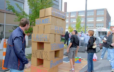 Life-size Jenga using cardboard boxes Big Jenga Game, Big Jenga, Life Size Jenga, Jenga Diy, Giant Jenga Game, Teen Activities, Son Black, Big Games, Jenga Game