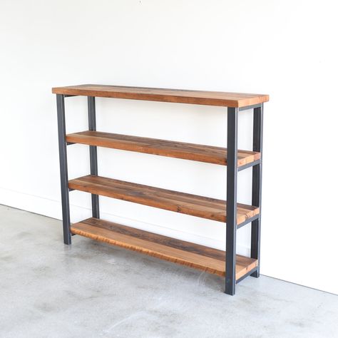 Reclaimed Barn Wood Bookshelf - WHAT WE MAKE Rustic Bookshelf, Wood Shelving Units, Welded Furniture, Metal Bookshelf, Nightclub Design, Barn Wood Projects, Wood Bookshelves, Old Barn Wood, Reclaimed Wood Projects