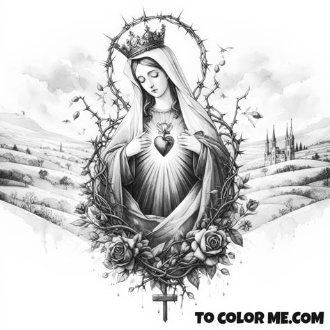 The Heart and Thorns: Fatima’s Coloring Page of Devotion - https://www.tocolorme.com/?p=11534&utm_source=SocialAutoPoster&utm_medium=Social&utm_campaign=Pinterest Sacred Heart Of Jesus Tattoo, Fatima Tattoo, Decades Of The Rosary, Fatima Portugal, Journey To Bethlehem, Pray The Rosary, Liturgical Seasons, Pagan Gods, Jesus Tattoo