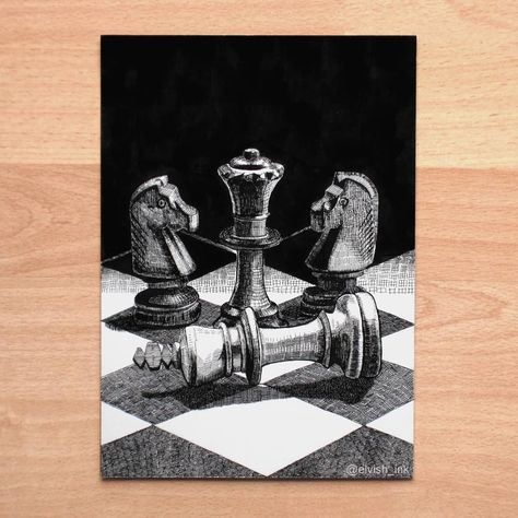 Chess Drawing Sketch, Chess Drawing, Egon Schiele Drawings, Black Pen Drawing, Chess Art, Fineliner Art, Soft Pastels Drawing, Ballpoint Pen Art, A Level Art Sketchbook