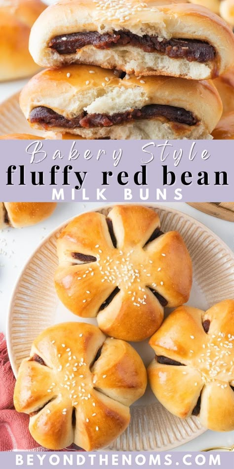 Fluffy milk bread with sweetened red bean paste. Perfect with your morning or afternoon coffee or tea! Milk Buns, Filipino Food Dessert, Milk Bread, Red Bean Paste, Foreign Food, Afternoon Coffee, Red Bean, Asian Desserts, Bean Paste