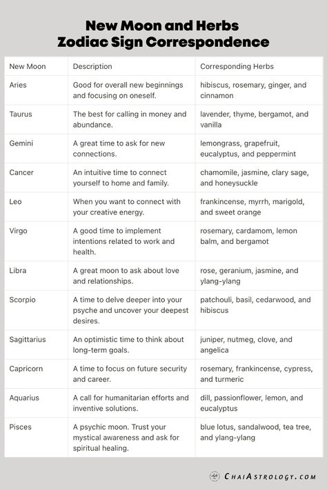 Discover the herbs, essential oils, or salts that align with the New Moon and each zodiac sign. From calling in money and abundance during Taurus New Moon to delving deeper into your psyche during Scorpio New Moon, align yourself with the energy of abundance and attract more positivity into your life. Check out our latest blog post "5 Simple New Moon Rituals to Attract Abundance in Your Life" now! Scorpio New Moon Ritual, Essential Oils For Zodiac Signs, New Moon Essential Oils, New Moon Herbs, Herbs For New Moon, New Moon In Scorpio Ritual, Scorpio Herbs, New Moon Ritual For Beginners, Moon Mapping