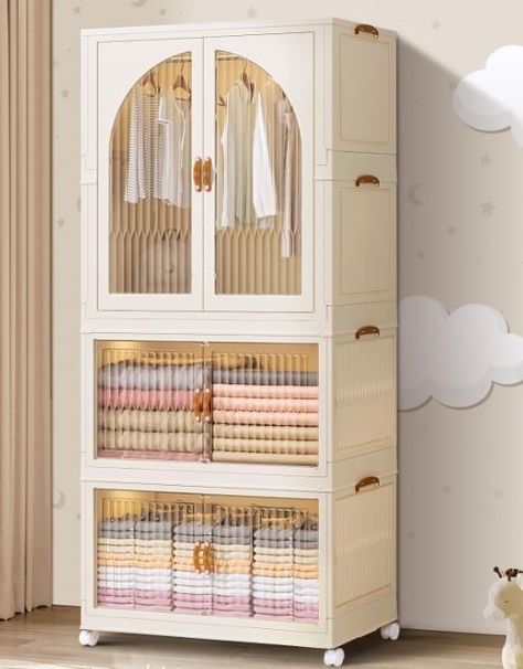 Children's wardrobe expanded size:26.38"*16.34*61.42"(folded 11.82"). Children wardrobe closet has 3 cubes sections,higher large cube armoire wardrobe closet has studry hanging rods which can hang children's skirt,two small cubes can storage children's clothes,quilts,toys,books,blankets,sheets,baby items,etc. Clothes Cabinet Bedroom, Stand Up Closet, Toddler Dresser, Nursery Armoire, Dresser Closet, Quilted Toys, Girl Dresser, Messy Closet, Clothes Cabinet