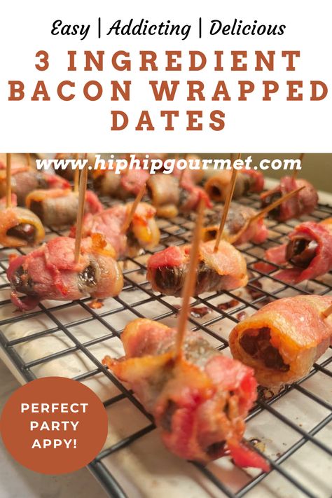 bacon wrapped dates with toothpicks on a wire rack over parchment paper Bacon Wrapped Dates With Almonds, Date Wrapped In Bacon, Dates Appetizer, Bacon Dates, Dates Stuffed, Wrapped Dates, Tapas Menu, Stuffed Dates, Bacon Wrapped Dates