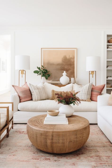 Neutral Living Room With Pop Of Color Apartment, Elevated Home Decor, California Apartment Decor, Rattan Living Room Decorating Ideas, Clean Boho Aesthetic, Fun Living Room Ideas, White Sofa Living Room Ideas, Venice Bungalow, Boho Apartment Living Room