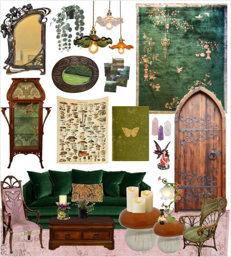 Fairycore Living Room Ideas, Fairycore Interior Design, Fairycore Apartment, Enchanted Forest Living Room, Fairycore Living Room, Enchanted Forest Home Decor, Art Nouveau Cabinet, Moody Victorian, Victorian Botanical