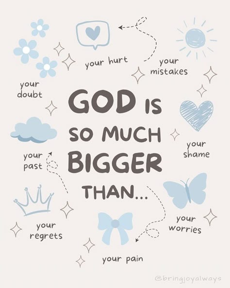 Purpose & Proverbs | God is SO much bigger than anything that could separate you from Him🩵 God loves YOU!🫶🫶 Repost from @bringjoyalways | Instagram God Is So Much Bigger Than, Jesus Poster Ideas, Cute God Quotes, Bible Quotes Aesthetic, Journal Bible Quotes, Bible Quotes Background, Motivational Bible Verses, Christian Quotes Wallpaper, Comforting Bible Verses