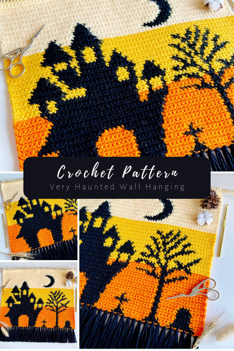 Introducing the Very Haunted Wall Hanging crochet pattern! A little spooky, a little creepy and perfect halloween home decor or a last minute addition to your fall market inventory. #crochet #crochetdesign #crochetpattern #crochetideas #crocheting #halloweenideas #halloweendecoration #hauntedhouse #halloween Crochet Halloween Tablecloth, Crochet Halloween Wall Hanging, Halloween Wall Hanging, Crochet Pattern Halloween, Wall Hanging Crochet, Fall Market, Halloween Tablecloth, Hanging Crochet, Fall Crochet Patterns