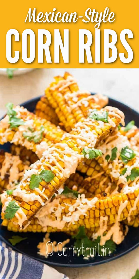 corn riblets on a plate. Air Fry Corn Ribs, Corn Ribs Recipe Grill, Grilled Corn Ribs Recipe, Grilled Corn Ribs, Corn Ribs Oven, Baked Corn Ribs, Corn Ribs Air Fryer, Fried Corn Ribs, Corn Riblets