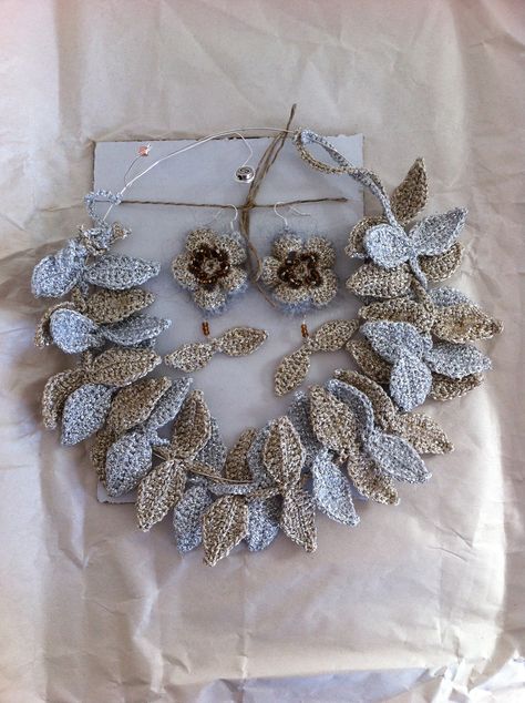 Crocheted laurel leaf crown and earrings!  A graduation gift made for my friend! A laurel leaf crown and a pair of flower dangle earrings :)) Laurel Leaf Crown, Laurel Crown, Leaf Crown, Laurel Leaf, Flower Dangle Earrings, Laurel Leaves, For My Friend, Crochet Stuff, Greek Goddess