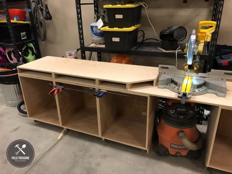 My Dream Miter Saw Station, Part 1 (Base Cabinets & Torsion Box) | Field Treasure Designs Mitersaw Station, Miter Saw Bench, Miter Saw Stand Plans, Diy Miter Saw Stand, Miter Saw Station, Saw Station, Sliding Mitre Saw, Mitre Saw Station, Table Saw Workbench