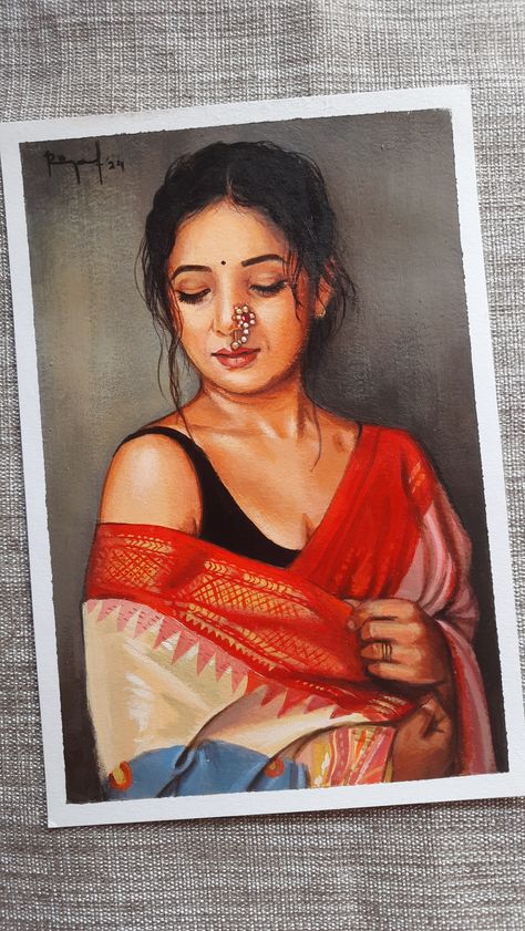 Indian Women Canvas Painting, Good Figures Women, Bengali Women Painting, Creative Portraits Painting, Figure Painting Woman, Acrylic Painting Indian, Penting Art, Sayali Sanjeev, Portrait Canvas Painting