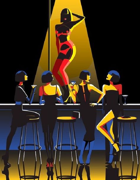 Global Illustration, Old Hollywood Theme, Top Illustration, Bar Dance, Scene Aesthetic, Nightclub Bar, Art Deco Bar, Silhouette People, Bar Stock