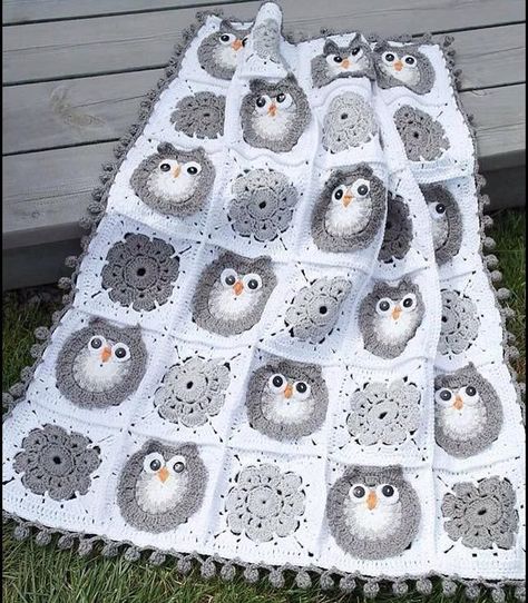 Crochet Owl Blanket Pattern, Owl Afghan, Crochet Owl Blanket, Owl Crochet Patterns, Crocheted Blanket, Crochet Blanket Designs, Crochet Owl, Baby Afghan Crochet, Crochet Square Patterns