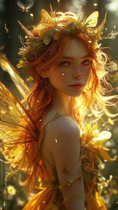 Yellow Fairy Aesthetic, Orange Fairy Aesthetic, Fairyland Aesthetic, High Fae Aesthetic, Fairy Red Hair, Fae Kingdom, Ginger Fairy, Redhead Fairy, Queen Clarion