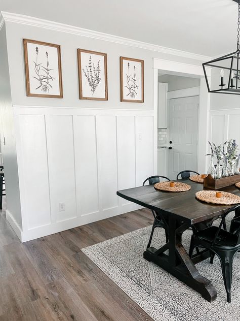 Paneled Dining Room Wall, Dining Room Half Wall Paneling Ideas, Grey Wall Dining Room, 2 Tone Dining Room Walls, Small Dining Room Accent Wall, Board And Batten Dining Room Wall, Half Wall Dining Room, Dining Room Wall Paneling, Dining Room Paneled Walls