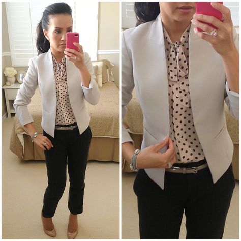 Cute Blazer Work Outfit Petite Outfits Casual, Simple Jacket, Stylish Petite, Blazer White, Gray Blazer, Blazer Outfit, Polka Dot Shirt, Shirts Black, Classy Casual Outfits