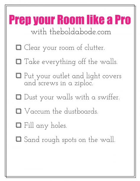 PREP YOUR ROOM LIKE A PRO - Free Printable Checklist for the next time you paint a room! Home Renovation Checklist, Renovation Checklist, Paint Like A Pro, Painting Walls, Printable Checklist, Interior Painting, Remodel Bedroom, Shop Interiors, Trendy Home