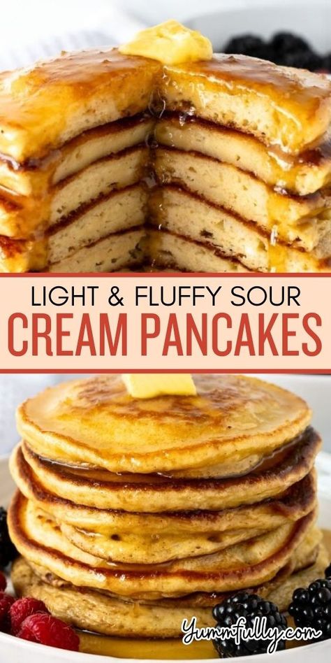 These easy-to-make pancakes are perfect for a weekend breakfast or brunch. Sour cream adds flavor as well as making them soft and fluffy. These pancakes are best served freshly made to enjoy their rich and airy texture. Pancake Flavor Ideas, Pancake Puppies, Butter Pancake Recipe, Simple Pancake Recipe, Easy Weekend Breakfast, Sour Cream Pancakes, Cream Pancakes, Best Pancakes, Pancake Party