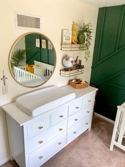 baby boy nursery / green accent wall / boho nursery / boy room / white crib / ikea dresser Emerald Green And Gold Nursery, Green Gold Nursery, Green And Gold Nursery, Gold Baby Room, Baby Dresser Organization, Gold Crib, Twin Nursery, Boho Baby Room, Nursery Accent Wall