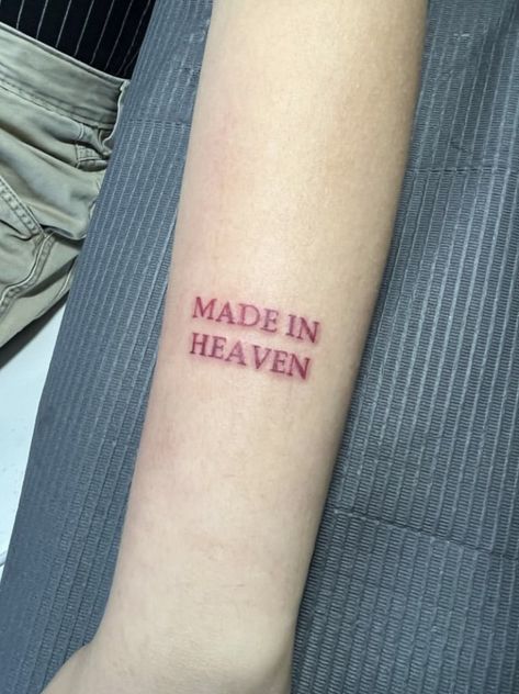 Made in heaven, tats, tattoo, ideas, inspo, inspiration, red tattoo, coloree tattoo, word, Heavenly Tattoo For Women, Heaven Sent Tattoo, Stargirl Tattoo, Made In Heaven Tattoo, Script Tattoos, Heaven Tattoos, Red Tattoo, Pretty Tattoos For Women, Red Tattoos