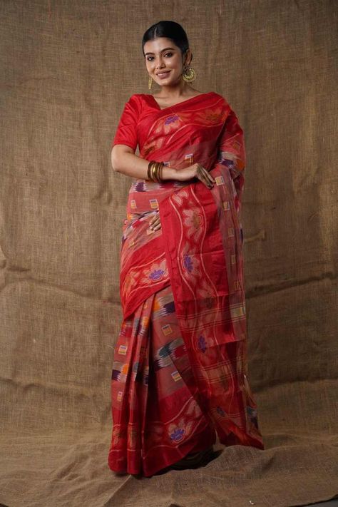 Annika Pure Cotton Bengali Handloom Tant Saree red colour Saree Red Colour, Tant Saree, Saree Red, Red Colour, Red Color, Pure Cotton, Saree, Pure Products, Red