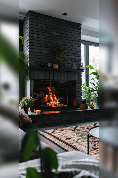 Black Fireplace Surround Ideas, Moody Brick Fireplace, Fireplace Surround Ideas, Brick Fireplace Ideas, Brick Fireplace Decor, Black Fireplace Surround, Black Brick Fireplace, Painted Brick Fireplaces, Fireplace Cover