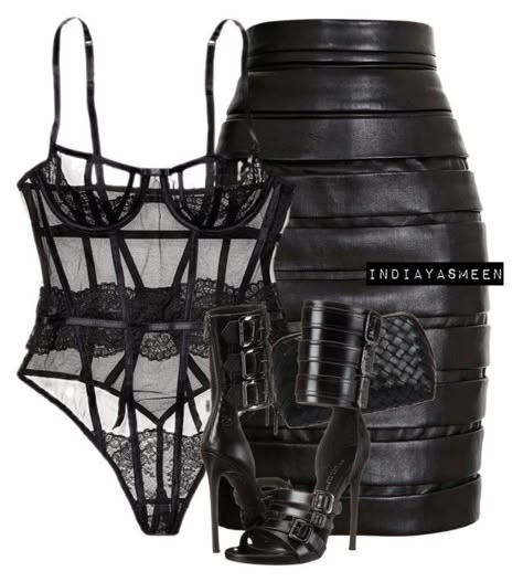 "Untitled #1749" by stylebyindia ❤ liked on Polyvore featuring Balmain, Victoria's Secret, Bottega Veneta and Philipp Plein Leather And Lace Dress, Black Attire, Looks Country, Looks Party, Philipp Plein, Black Lingerie, Lingerie Fashion, Leather Lace, Birthday Outfit