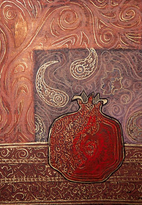 Golden Pomegranate, Pomegranate Art, Persian Art Painting, Jewish Art, Fruit Art, Art Themes, Grocery List, Abstract Paintings, Food Waste