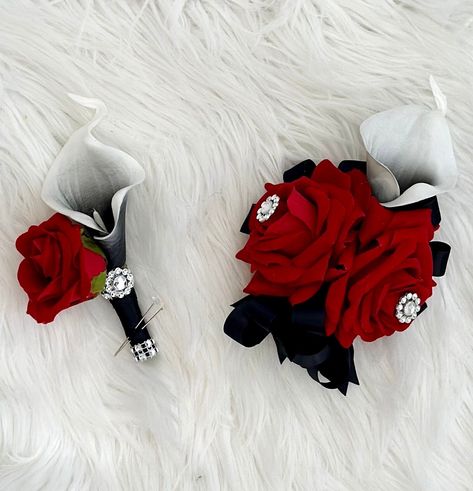 Corsage Red And Black, Black Corsage Prom, Black Corsage And Boutonniere, Red And Black Corsage, Red Rose Boutonniere, Red Boutonniere, Black Corsage, Black Calla Lily, Calla Lily Boutonniere