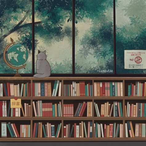 Studio Ghibli Academia, Book Themed Widgets, Ghibli Books Aesthetic, Study Studio Ghibli, Studio Ghibli Reading, Book Club Aesthetic Wallpaper, Animated Notion Cover, Studio Ghibli School, Library Aesthetic Drawing