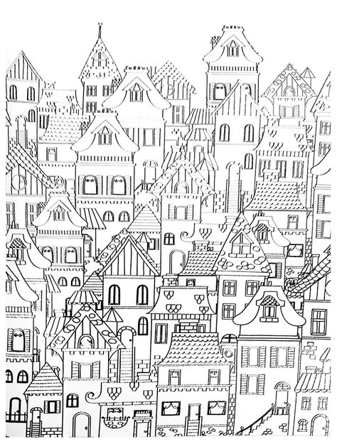 coloriage des façades Colouring Doodles, Zentangle Doodles, Mindfulness Colouring, Zentangle Drawings, House Drawing, Zentangle Patterns, Color Therapy, Coloring Book Pages, Doodle Drawings