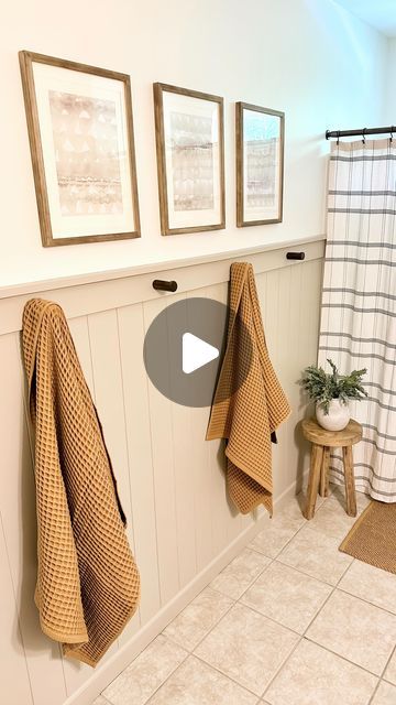 Katie Sharpe | DIY Tutorials | Home Decor | Interior Design on Instagram: "I was so excited when I found the perfect beige paint while refinishing my boys’ bathroom!   Balanced Beige by Sherwin Williams is such a great, neutral color that instantly warms up a space and has beautiful earthy tones!  What’s one of your favorite paint colors?   #sherwinwilliams #sherwinwilliamspaint #sherwinwilliamsbalancedbeige #beigepaint #earthy #earthytones #earthyvibes #bathroommakeover #accentwall #bathroomtransformation #paintedwalls #paintitbeautiful #amazonfinds #amazonhome #targetfinds #targethome @sherwinwilliams #paintedwalls #shiplap #wallpanelling #wallpanels #organichome #neutralpalette #neutralcolors #diyhome   Bathroom makeover, accent wall, Amazon finds, Target finds, home inspo, shiplap pane Neutral Colour Bathroom, Tan Walls Bathroom, Tan Tile Bathroom Ideas, Tan Tile Bathroom, Bathroom With Beige Tile, Tan Bathroom Ideas, Wood Panel Bathroom, Redo Bathroom, Tan Bathroom