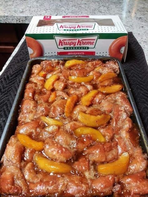 Peach Slices, Krispy Kreme, Peach Cobbler, Cobbler, Peaches, Brown Sugar, Donuts, Cinnamon, Sauce